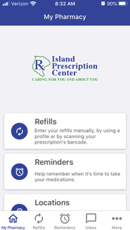 Island Prescription Center Mobile App screen print
